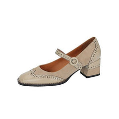 Square Toe Chunky Heel Vintage Engraving Mary Jane Shoes Women Black