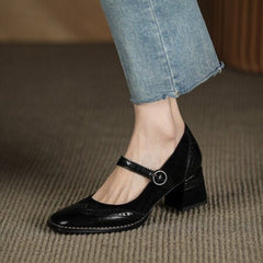 Square Toe Chunky Heel Vintage Engraving Mary Jane Shoes Women Reddish Brown