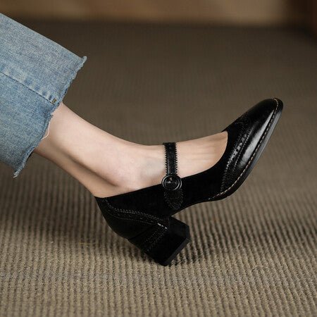 Square Toe Chunky Heel Vintage Engraving Mary Jane Shoes Women Black