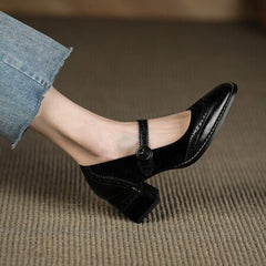 Square Toe Chunky Heel Vintage Engraving Mary Jane Shoes Women Black