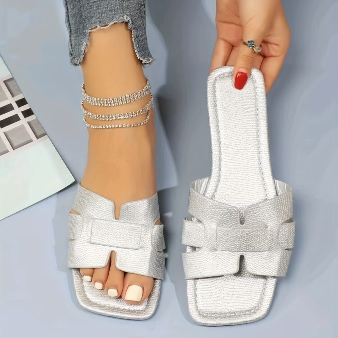 Square Toe Flat minimalist Sandals Summer Women Slides Footwear Silver