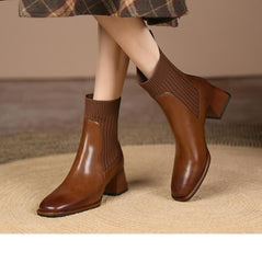 Square Toe Vintage French Chunky Heel Women's Boots Black