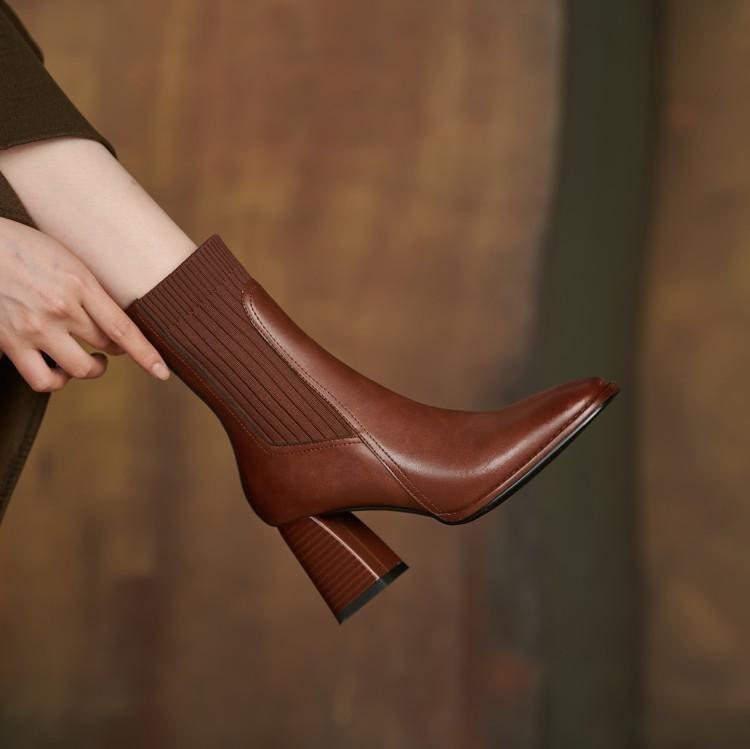 Square Toe Vintage French Chunky Heel Women's Boots Brown
