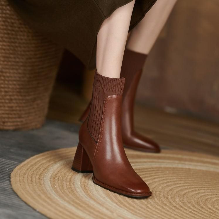 Square Toe Vintage French Chunky Heel Women's Boots Brown With Velvet