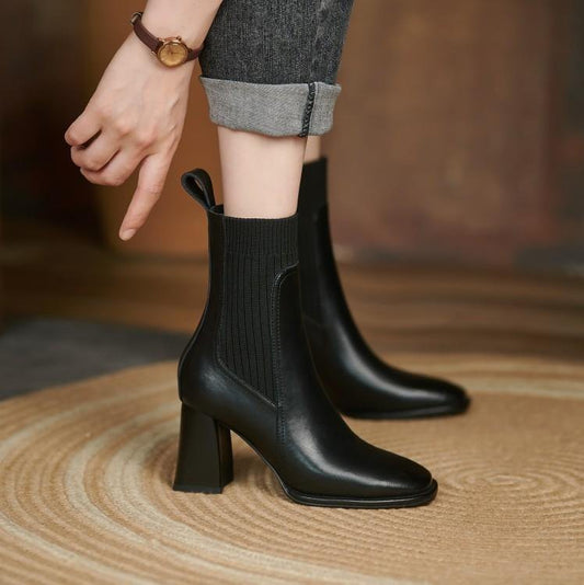 Square Toe Vintage French Chunky Heel Women's Boots Black