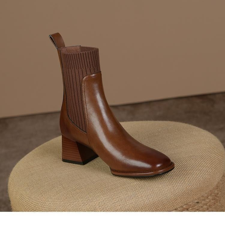 Square Toe Vintage French Chunky Heel Women's Boots Black