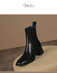 Square Toe Vintage French Chunky Heel Women's Boots Black