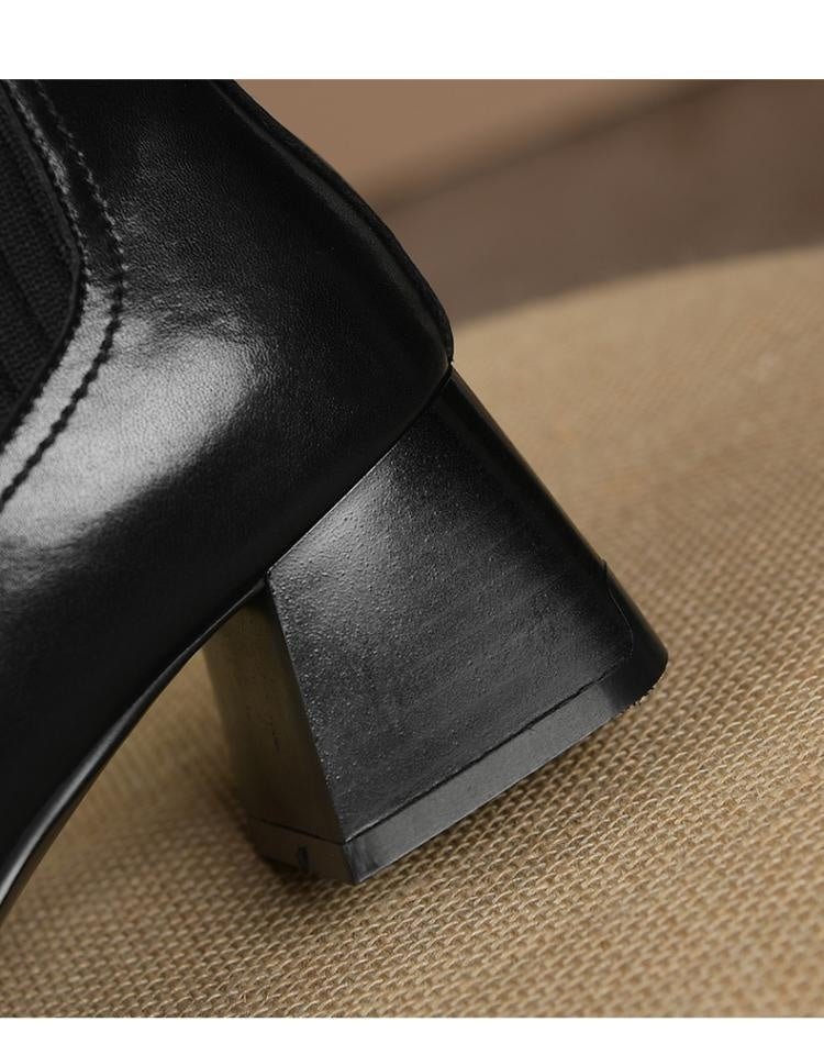 Square Toe Vintage French Chunky Heel Women's Boots Black