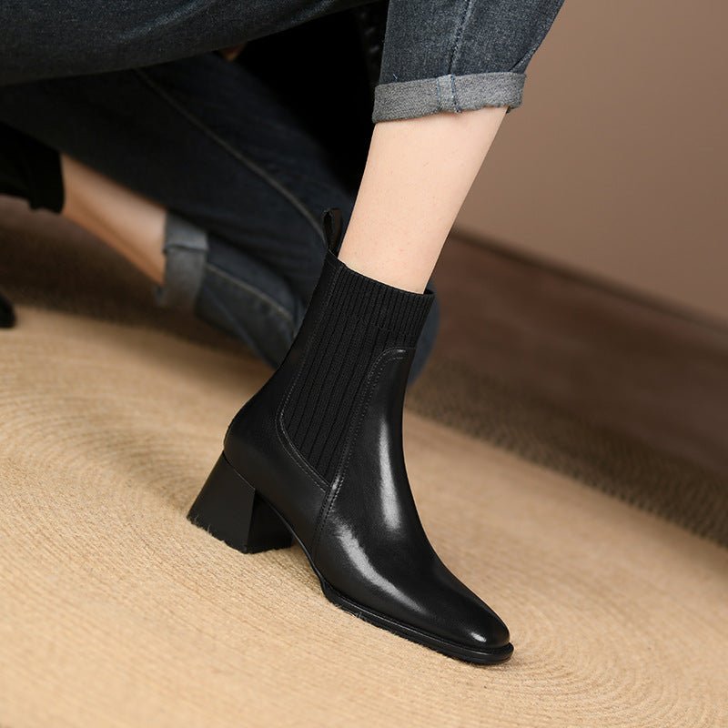 Square Toe Vintage French Chunky Heel Women's Boots Black