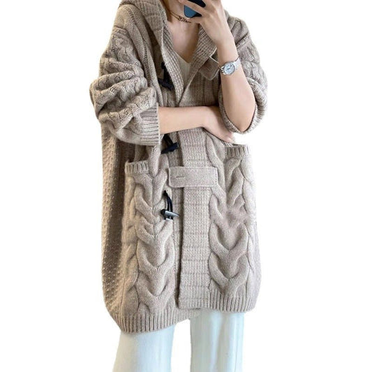 Stand Out Twisted Stylish Hooded Jacket Horn Button Loose Casual Camel