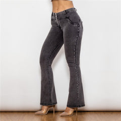 Straight Peach Jeans Black Elastic Mid - waist Wide Leg Butt - lift Black