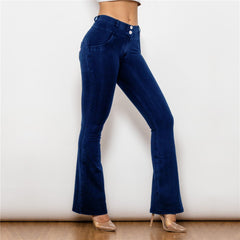 Straight Peach Jeans Black Elastic Mid - waist Wide Leg Butt - lift Black