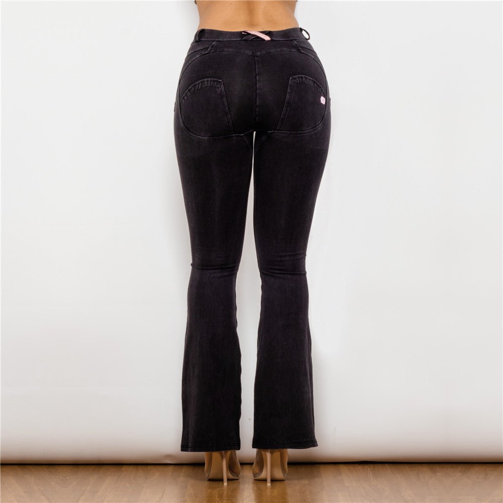 Straight Peach Jeans Black Elastic Mid - waist Wide Leg Butt - lift Black