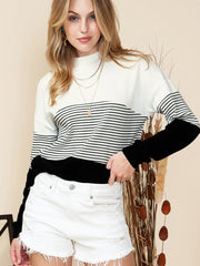 Striped Contrast Color Casual Sweater for Women Black