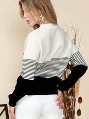 Striped Contrast Color Casual Sweater for Women Black