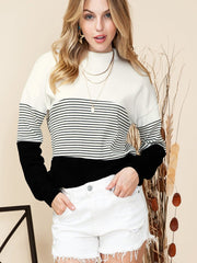 Striped Contrast Color Casual Sweater for Women Black