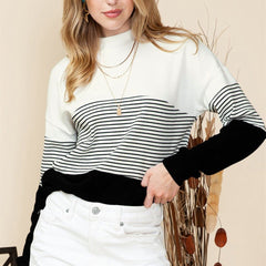 Striped Contrast Color Casual Sweater for Women Black