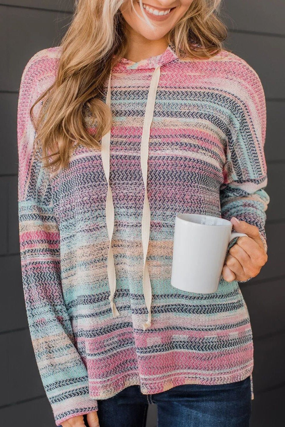 Striped Knit Printed Round Neck Pullover Casual Women's Sweater Pink