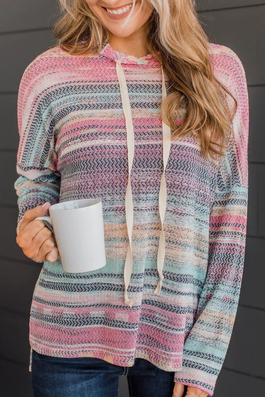 Striped Knit Printed Round Neck Pullover Casual Women's Sweater Pink