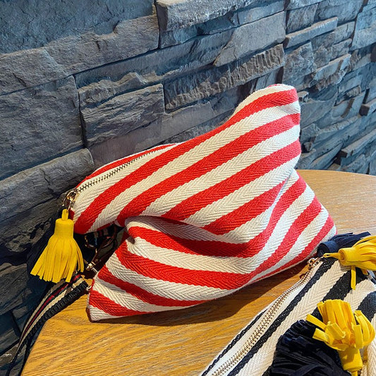 Striped Tassel Cosmetic Bag Zipper Canvas Cosmetic Bag Red