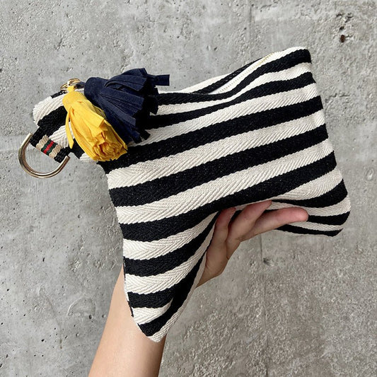 Striped Tassel Cosmetic Bag Zipper Canvas Cosmetic Bag Black