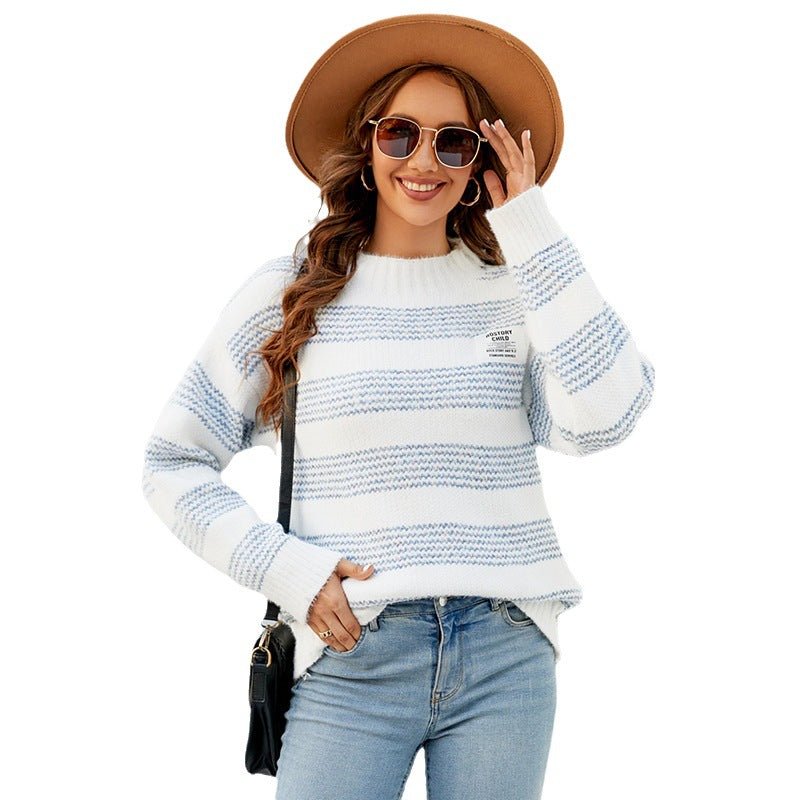 Striped Turtleneck Sweater - Women's Wool Rain Blue