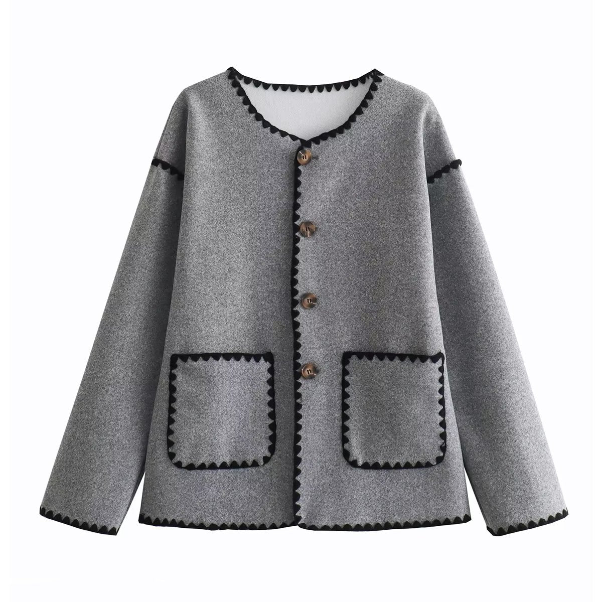 Style Color Matching Pocket Decorative Woolen Fashionable Jacket Grey