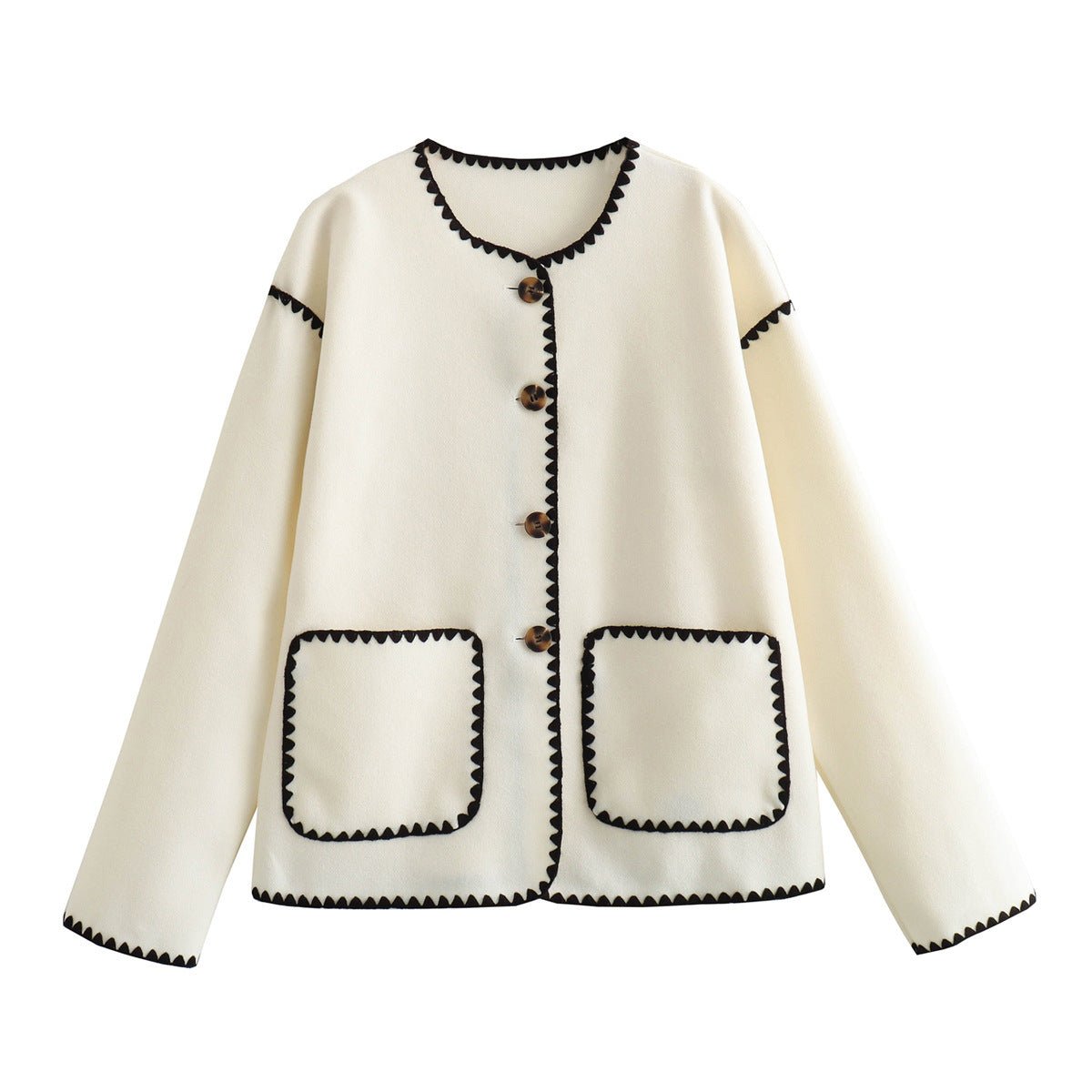 Style Color Matching Pocket Decorative Woolen Fashionable Jacket Beige