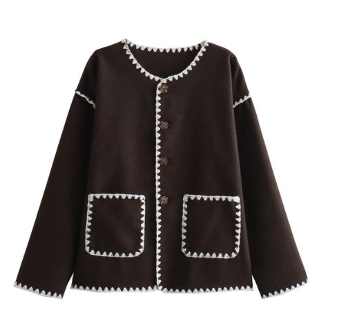 Style Color Matching Pocket Decorative Woolen Fashionable Jacket Brown