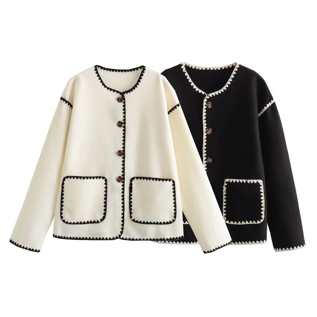 Style Color Matching Pocket Decorative Woolen Fashionable Jacket Beige