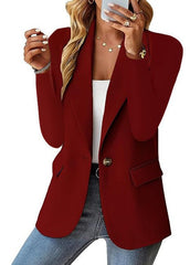 Stylish Autumn Long Sleeve Solid Color Cardigan Suit Jacket For Women Wine Red