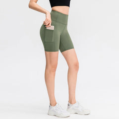 Stylish High - Waisted Tummy Control Yoga Shorts with Pockets For Women's Army Green