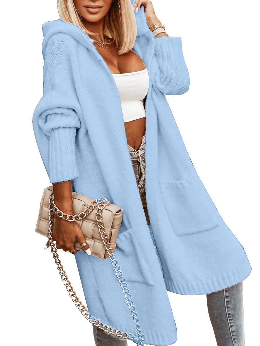 Stylish Hooded Mid - length Knitwear Pocket Long Sleeve Trench Coat Sky Blue