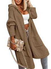 Stylish Hooded Mid - length Knitwear Pocket Long Sleeve Trench Coat Khaki