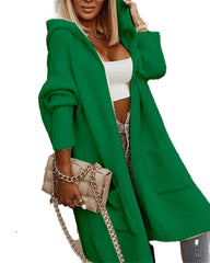 Stylish Hooded Mid - length Knitwear Pocket Long Sleeve Trench Coat Green