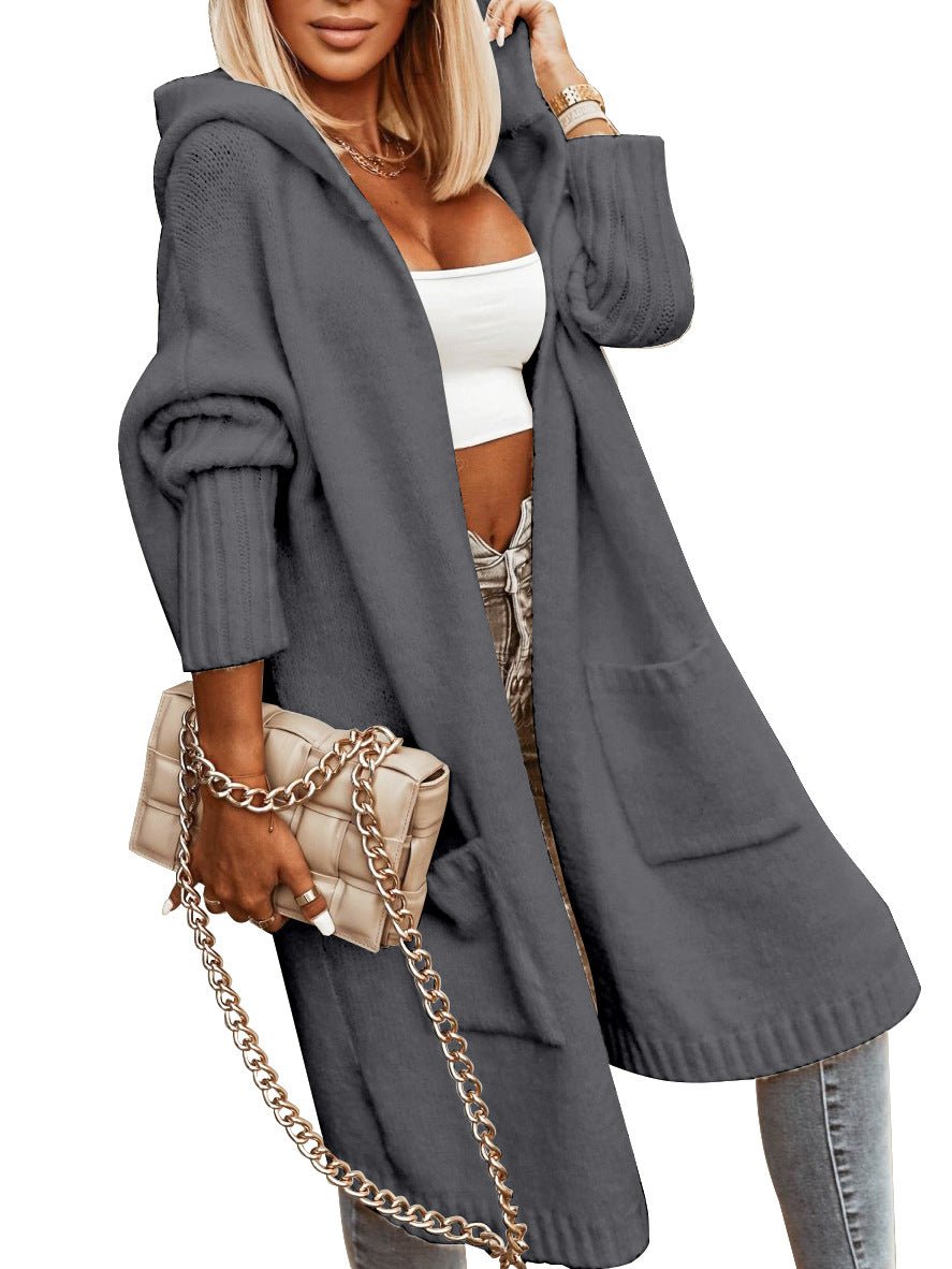 Stylish Hooded Mid - length Knitwear Pocket Long Sleeve Trench Coat Dark Gray