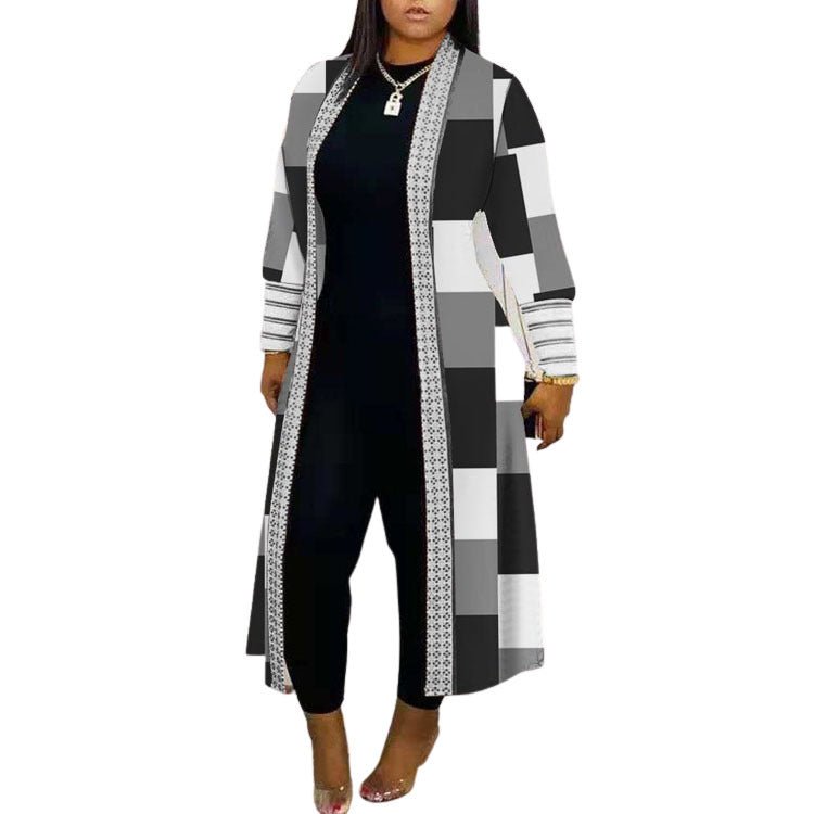 Stylish Long Sleeve Stitching Loose Commuter Fall Trench Coat Black And White Plaid Print