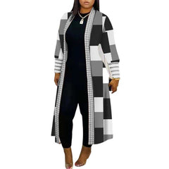 Stylish Long Sleeve Stitching Loose Commuter Fall Trench Coat Black And White Plaid Print