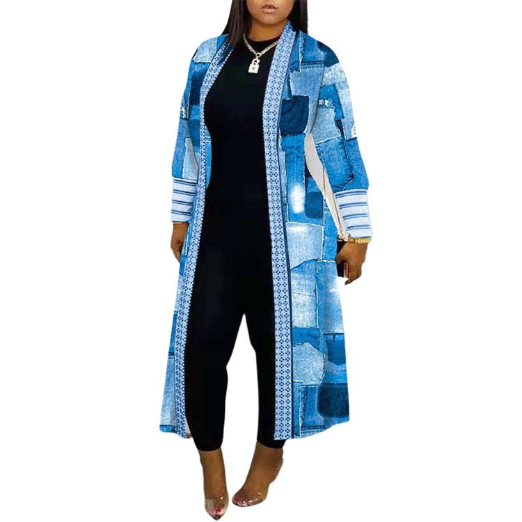 Stylish Long Sleeve Stitching Loose Commuter Fall Trench Coat Denim Blue