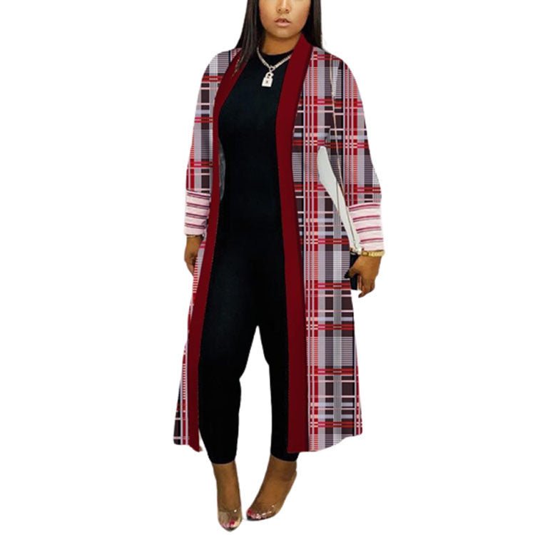 Stylish Long Sleeve Stitching Loose Commuter Fall Trench Coat Red Printed