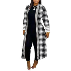 Stylish Long Sleeve Stitching Loose Commuter Fall Trench Coat Houndstooth