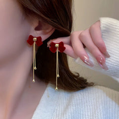 Stylish Women's Fashion Tassel Bow Earrings for a Trendy Statement Wine Red