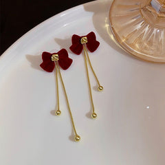 Stylish Women's Fashion Tassel Bow Earrings for a Trendy Statement Wine Red