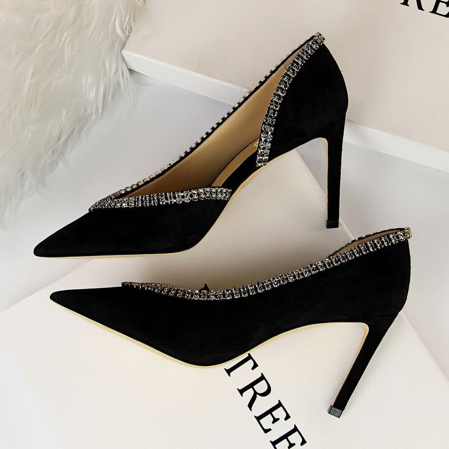 Suede Hollow High Heels – Elegant and Breathable Statement Shoes Black