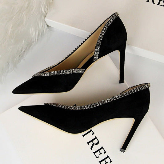 Suede Hollow High Heels – Elegant and Breathable Statement Shoes Black