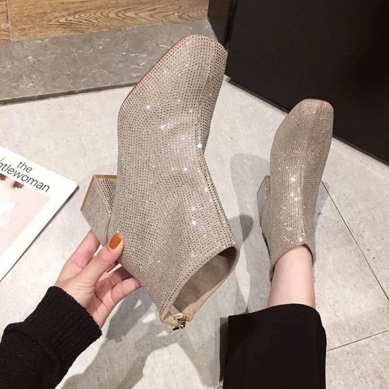 Suede Rhinestone Sequins for High Heel Boots Beige