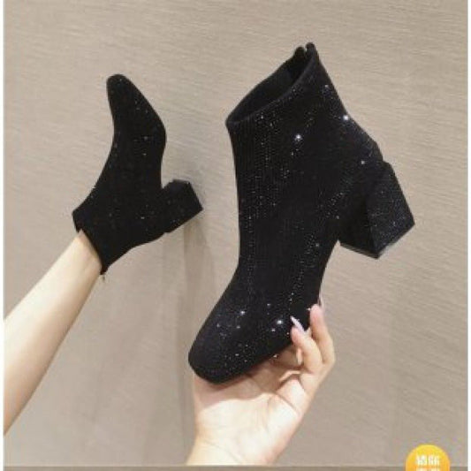 Suede Rhinestone Sequins for High Heel Boots Beige