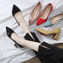 Summer New Pointed Shallow Mouth Thick Heel High Heels Yellow