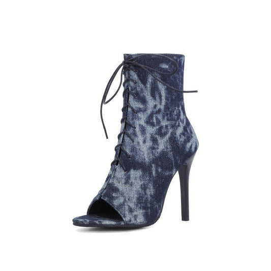 Summer Peep Toe Sandals Stiletto Heel Lace - up Denim Blue