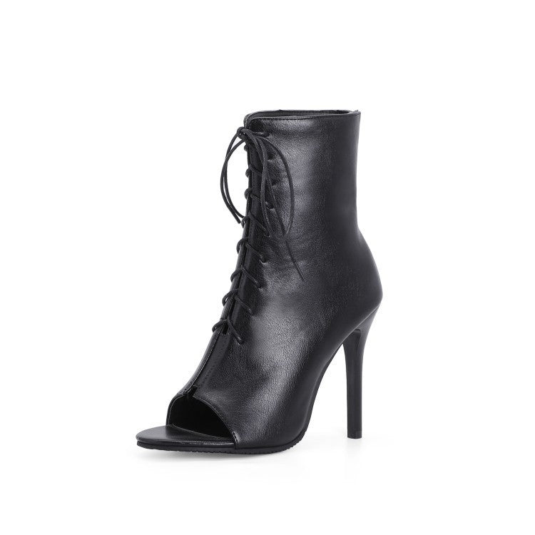 Summer Peep Toe Sandals Stiletto Heel Lace - up Black Pu